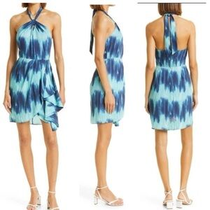 TOCCIN Pleated Faux Wrap Blue Ombre Tye Dye Sarong Halter Mini Dress Size 4 NEW